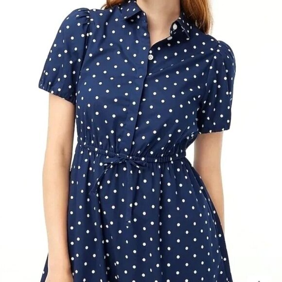 J Crew Short Sleeve Collared Mini Dress Polka Dots Navy Blue White Sz 10 NEW - Picture 3 of 13
